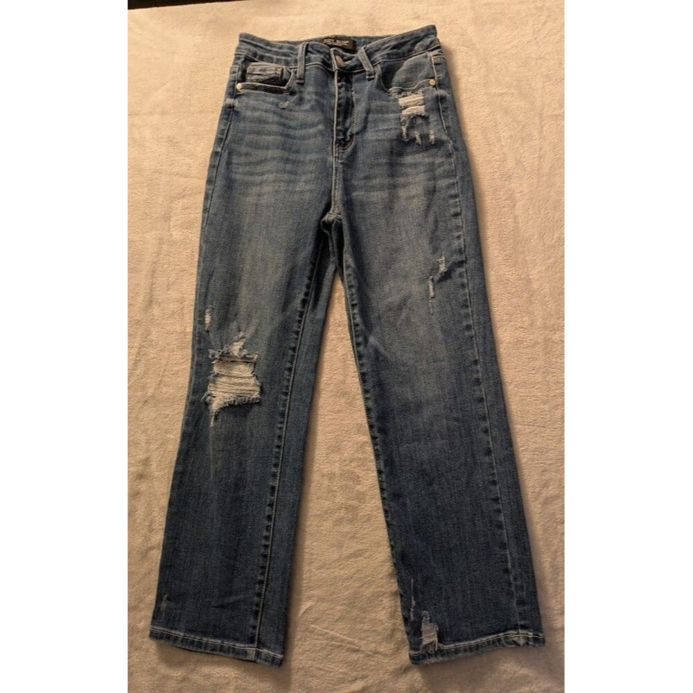 Judy Blue Women’s 7/28 High Rise Straight Ankle Jeans Distressed Embroidered